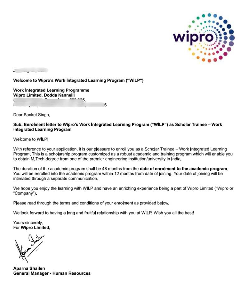 CIMAGE Group of Institutions Patna student Sanket Singh got placement at Wipro as Scholar Trainee in the Work Integrated Learning Program WILP M.Tech