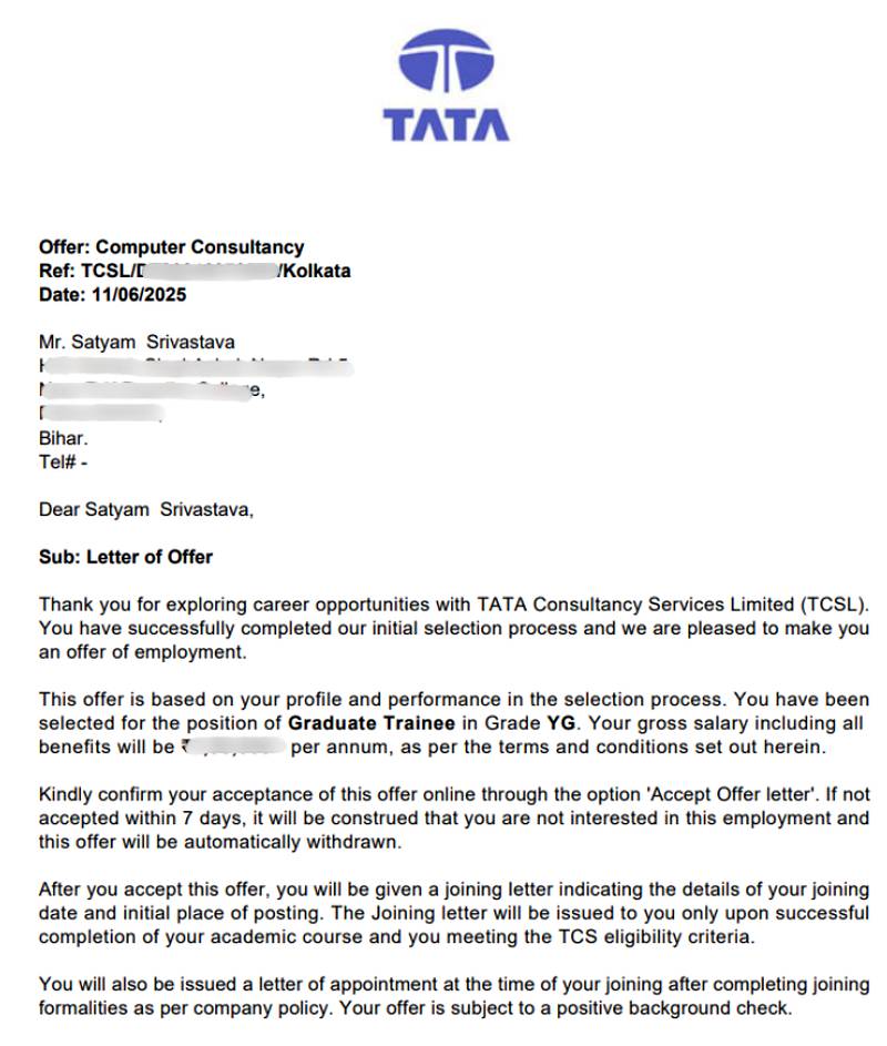 CIMAGE Group of Institutions Patna student Satyam Srivastava got placement at Tata Consultancy Services TCS as Graduate Trainee Grade
