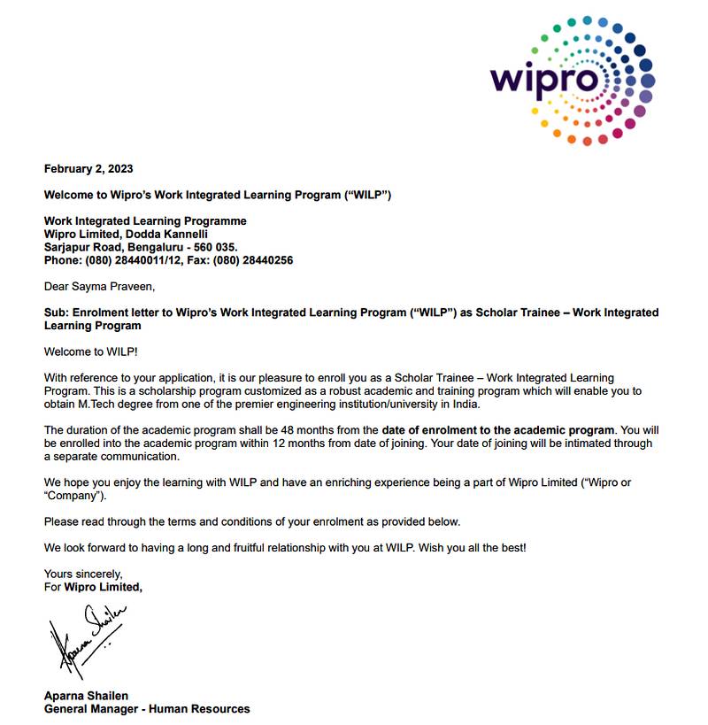 CIMAGE Group of Institutions Patna student Sayma Praveen got placement at Wipro as Scholar Trainee in the Work Integrated Learning Program WILP M.Tech