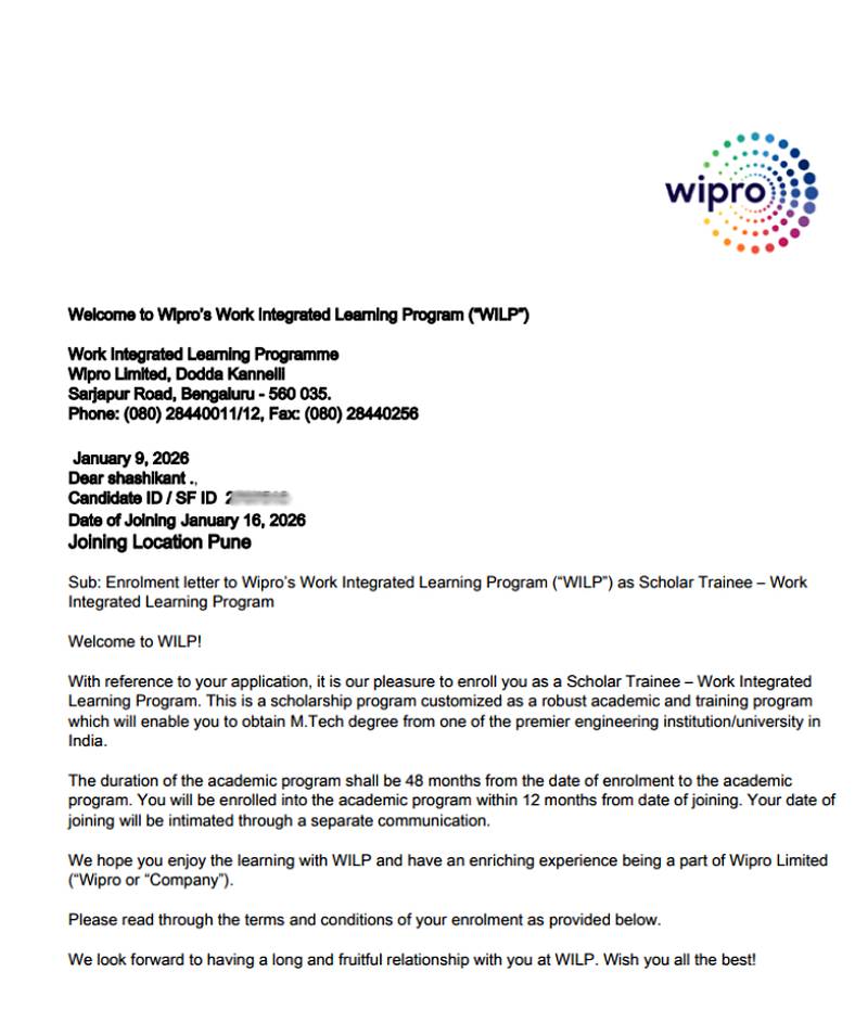 CIMAGE Group of Institutions Patna student Shashikant got placement at Wipro as Scholar Trainee in the Work Integrated Learning Program WILP M.Tech