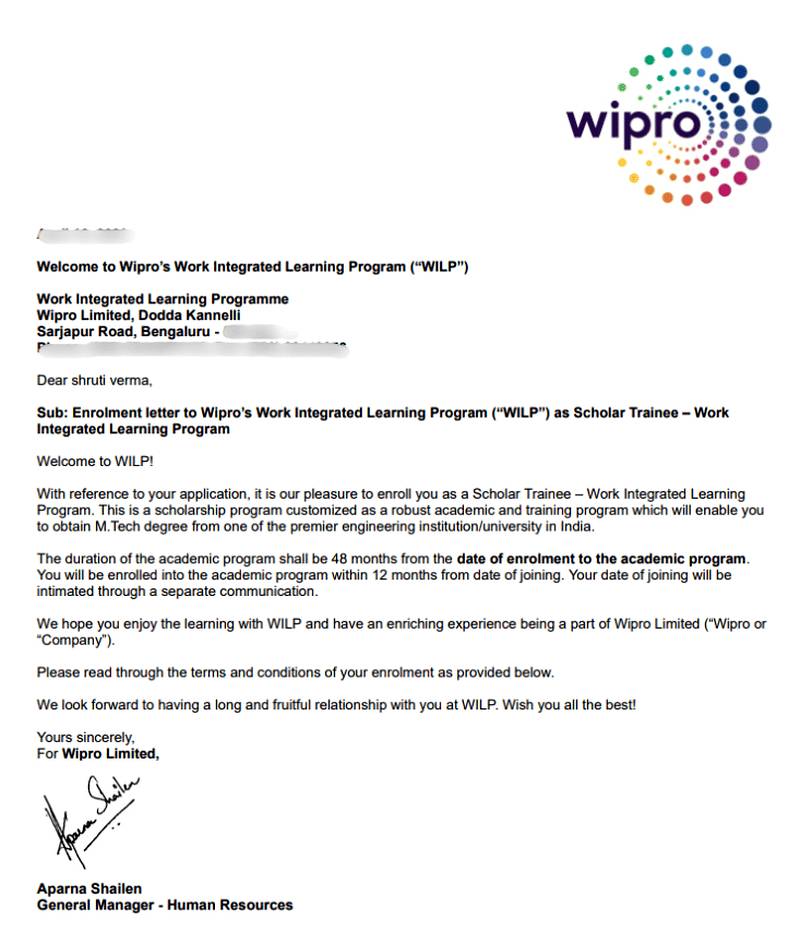 CIMAGE Group of Institutions Patna student Shruti Verma got placement at Wipro as Scholar Trainee in the Work Integrated Learning Program WILP M.Tech