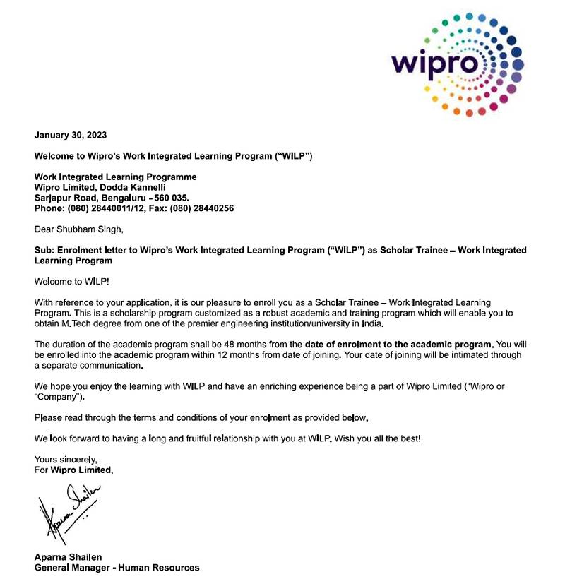 CIMAGE Group of Institutions Patna student Shubham Singh got placement at Wipro as Scholar Trainee in the Work Integrated Learning Program WILP M.Tech track Bengaluru