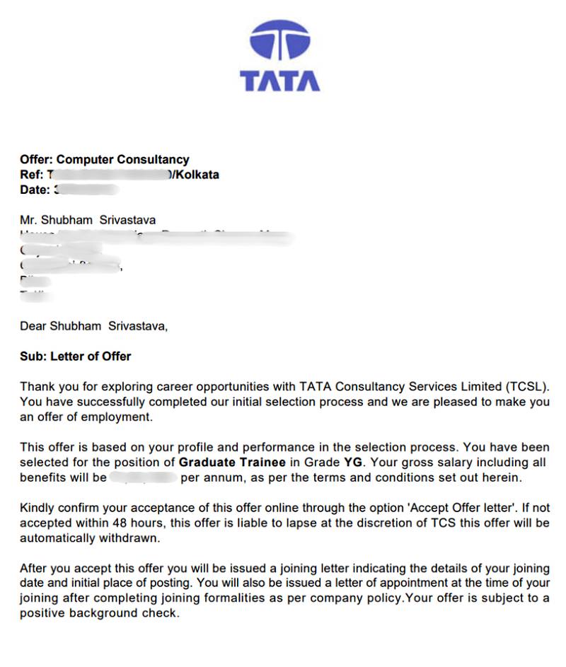 CIMAGE Group of Institutions Patna student Shubham Srivastava got placement at Tata Consultancy Services (TCS) as a Graduate Trainee, Grade YG