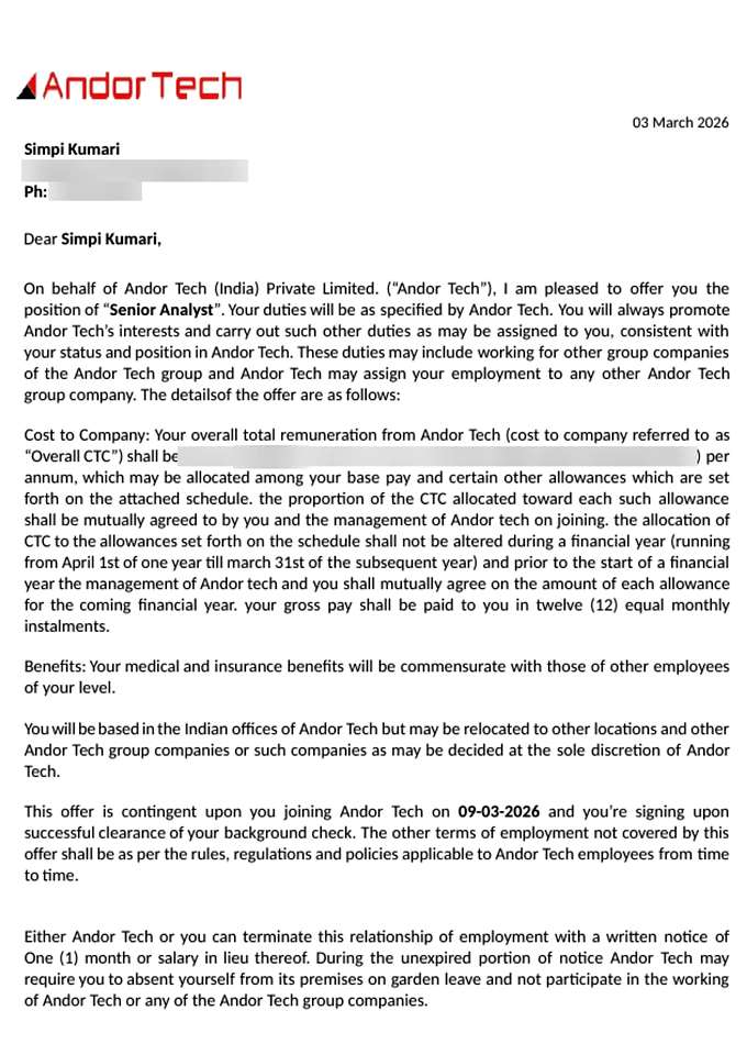Offer letter from Andor Tech India Private Limited appointing CIMAGE Group of Institutions Patna student Simpi Kumari as Senior Analyst