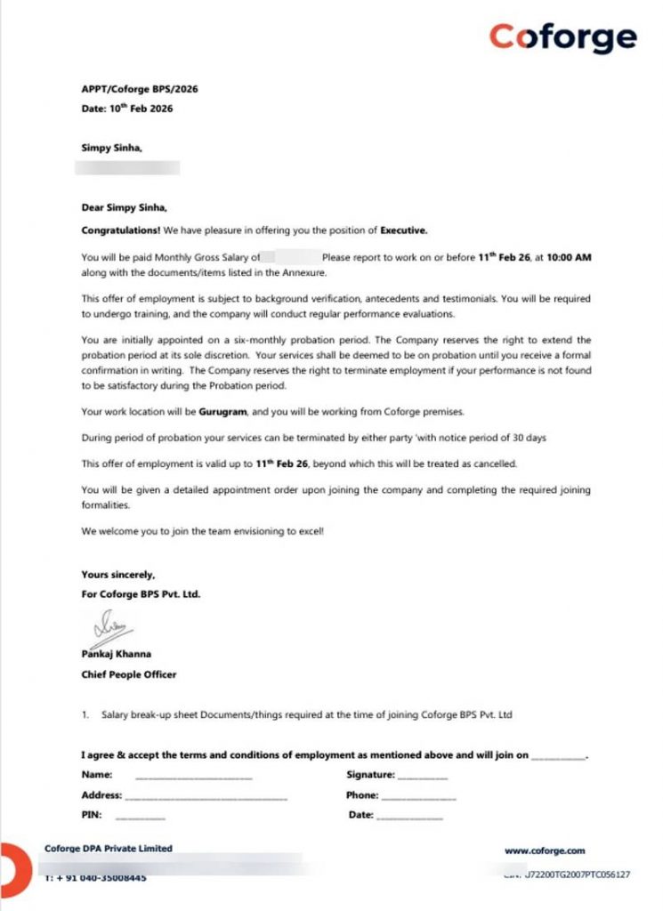 Offer letter from Coforge BPS Private Limited appointing CIMAGE Group of Institutions Patna student Simpy Sinha as Executive at Gurugram office