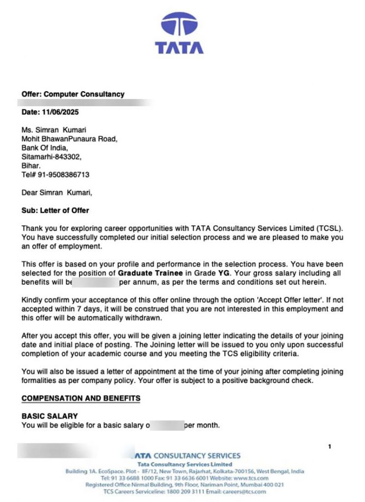 Letter of offer from Tata Consultancy Services TCS selecting CIMAGE Group of Institutions Patna student Simran Kumari from Sitamarhi Bihar as Graduate Trainee Grade YG