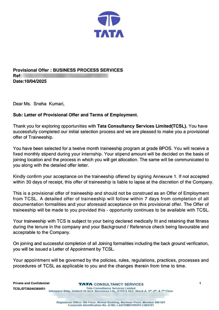 Provisional offer letter from Tata Consultancy Services TCS selecting CIMAGE Group of Institutions Patna student Sneha Kumari as Trainee Business Process Services