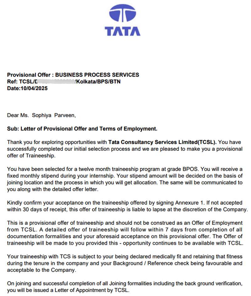 CIMAGE Group of Institutions Patna student Sophiya Parveen got placement at Tata Consultancy Services TCS as Trainee BPS Business Process Services