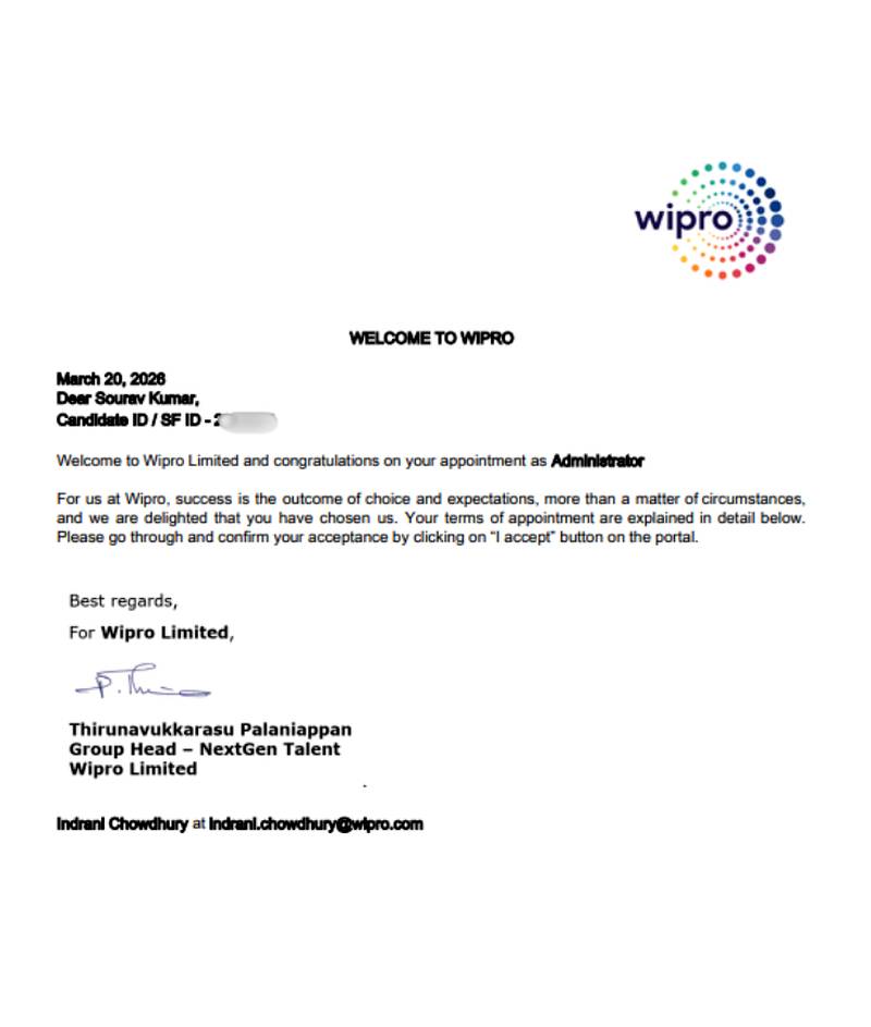 CIMAGE Group of Institutions Patna student Sourav Kumar got placement at Wipro Limited as Administrator