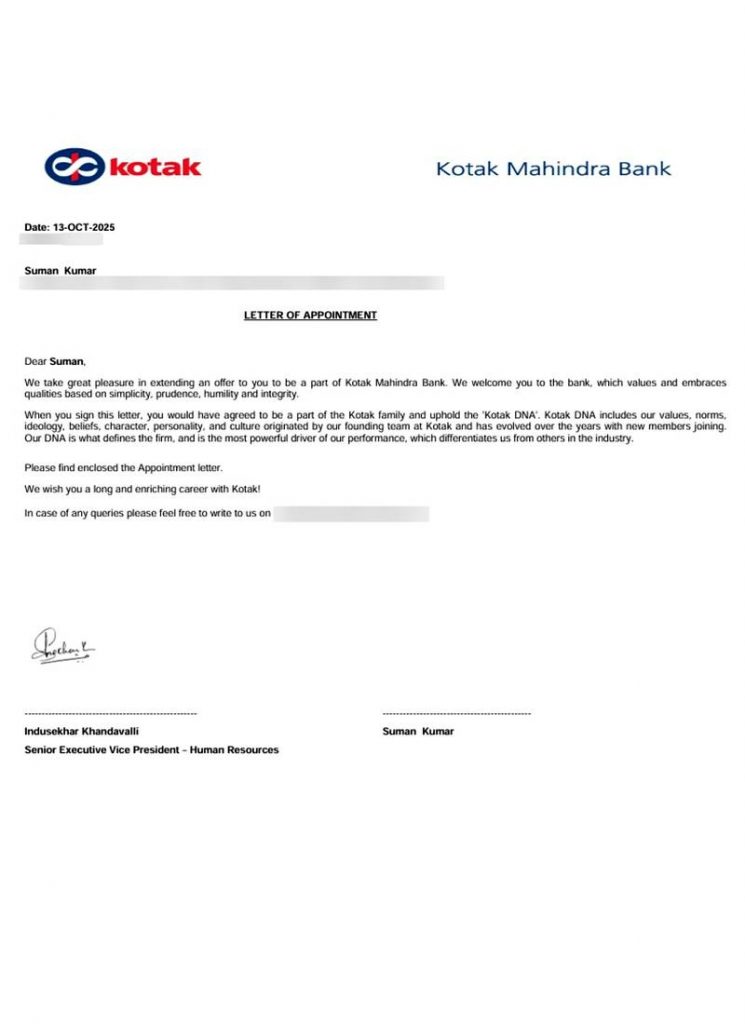 Letter of appointment from Kotak Mahindra Bank appointing CIMAGE Group of Institutions Patna student Suman Kumar