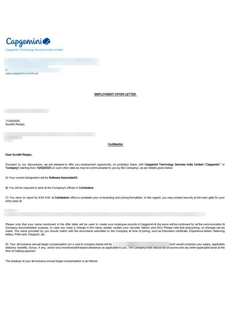 Employment offer letter from Capgemini Technology Services India Limited appointing CIMAGE Group of Institutions Patna student Sunidhi Ranjan as Software Associate A3 at Coimbatore office
