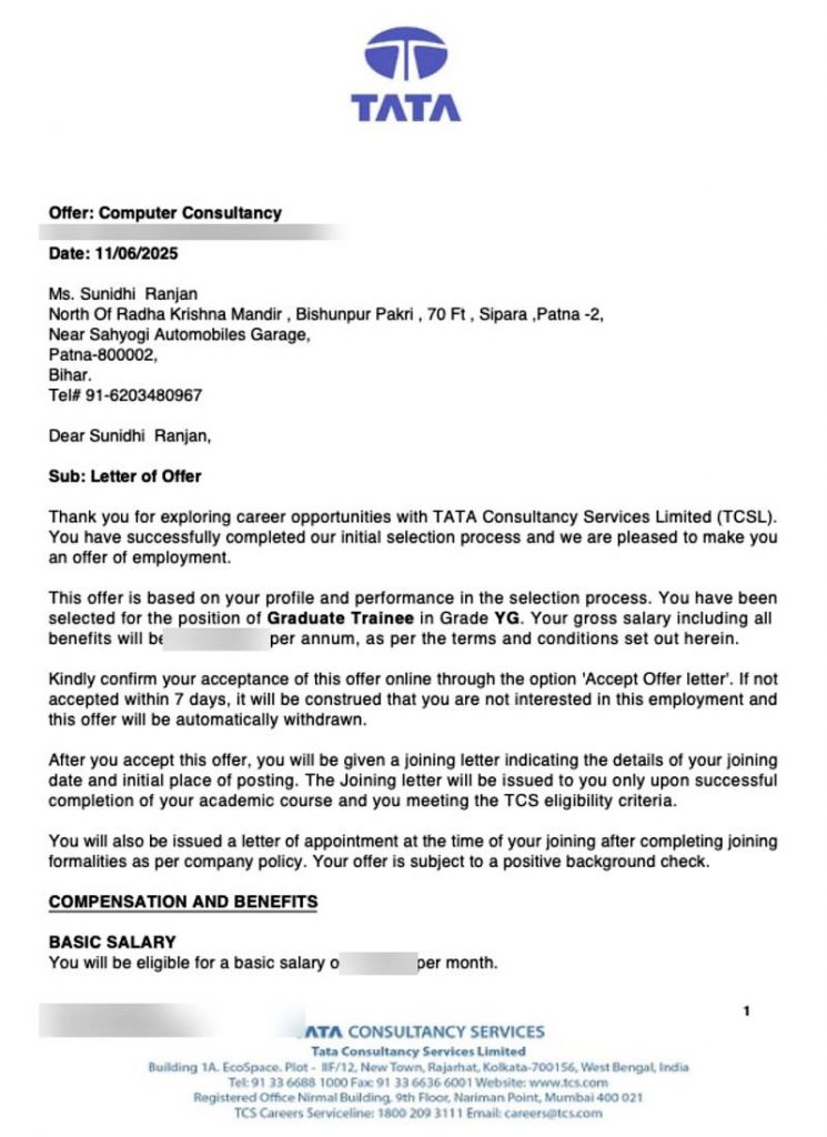 Letter of offer from Tata Consultancy Services TCS selecting CIMAGE Group of Institutions student Sunidhi Ranjan from Sipara Patna Bihar as Graduate Trainee Grade YG