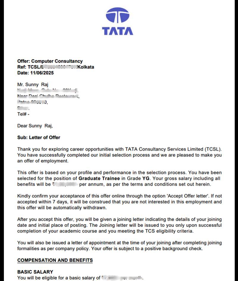 CIMAGE Group of Institutions Patna student Sunny Raj got placement at Tata Consultancy Services TCS as Graduate Trainee Grade