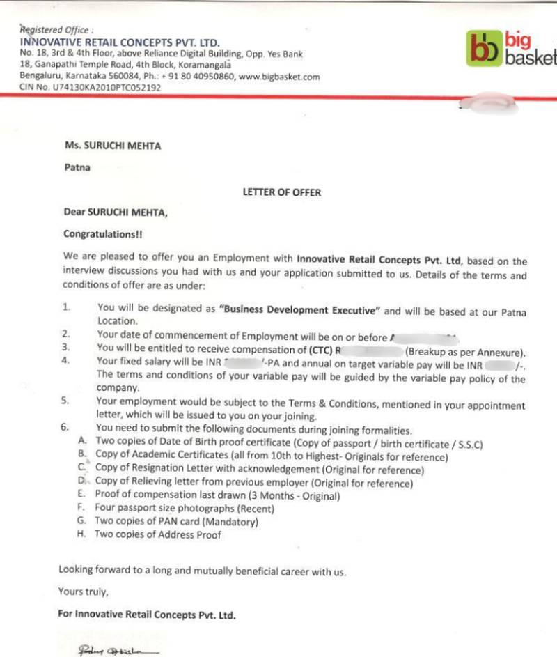 CIMAGE Group of Institutions Patna student Suruchi Mehta got placement at BigBasket (Innovative Retail Concepts Pvt. Ltd.) as a Business Development Executive in Patna