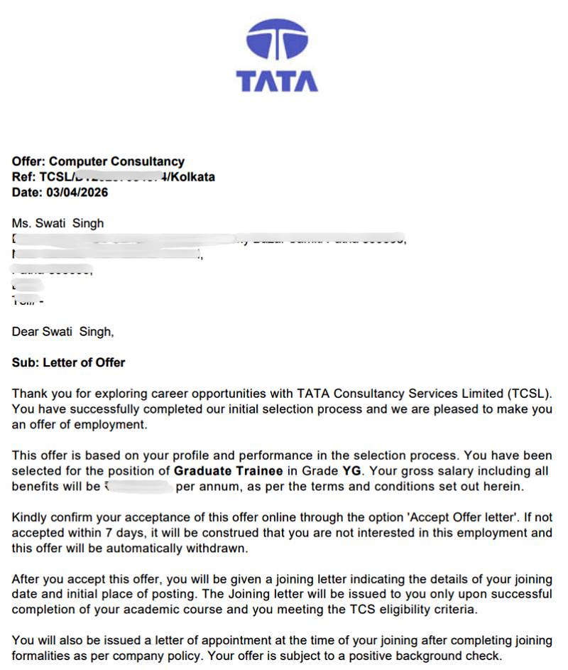 CIMAGE Group of Institutions Patna student Swati Singh got placement at Tata Consultancy Services TCS as Graduate Trainee Grade YG