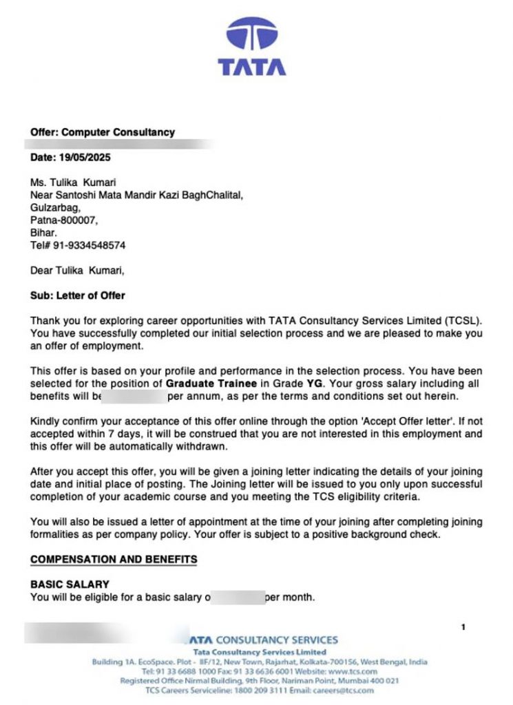 Letter of offer from Tata Consultancy Services TCS selecting CIMAGE Group of Institutions student Tulika Kumari from Gulzarbag Patna Bihar as Graduate Trainee Grade YG