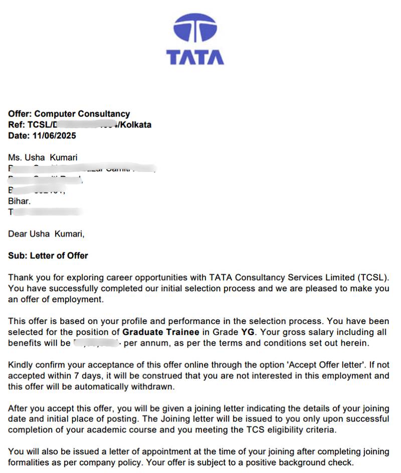 CIMAGE Group of Institutions Patna student Usha Kumari got placement at Tata Consultancy Services TCS as Graduate Trainee Grade YG