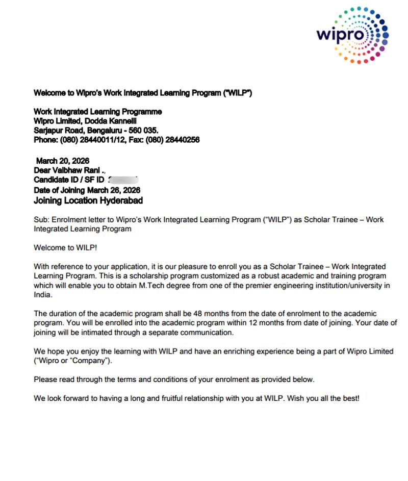 CIMAGE Group of Institutions Patna student Vaibhaw Rani got placement at Wipro as Scholar Trainee in the Work Integrated Learning Program WILP M.Tech
