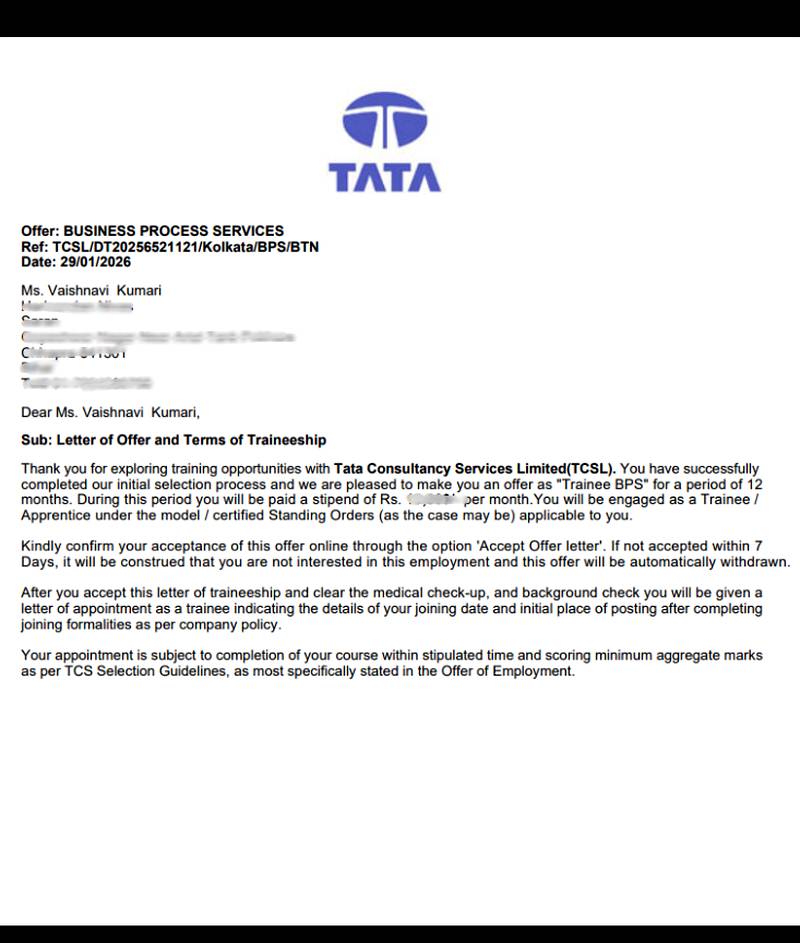 CIMAGE Group of Institutions Patna student Vaishnavi Kumari got placement at Tata Consultancy Services TCS as Trainee BPS Business Process Services