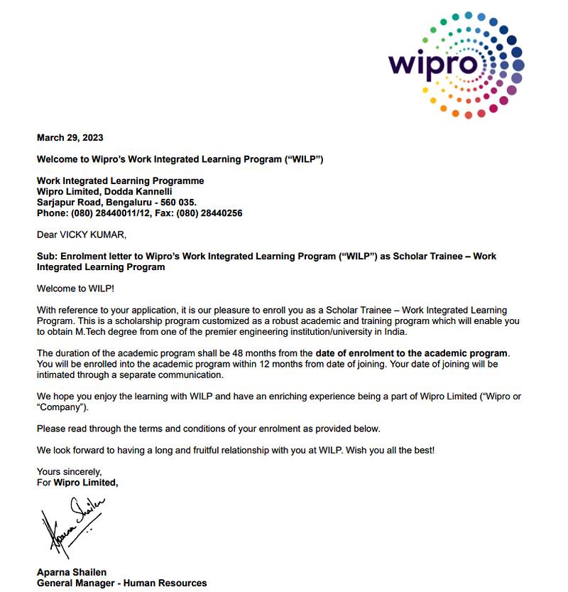 CIMAGE Group of Institutions Patna student Vicky Kumar got placement at Wipro as Scholar Trainee in the Work Integrated Learning Program WILP M.Tech