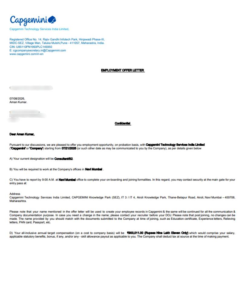 CIMAGE Group of Institutions Patna student Aman Kumar got placement at Capgemini Technology Services India Limited as a Consultant (Grade B2) in Navi Mumbai with a ₹9 LPA package