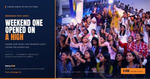 A packed student audience with hands raised during the live concert at CIMAGE Weekend Fest 2026, CIMAGE Campus, Patna.