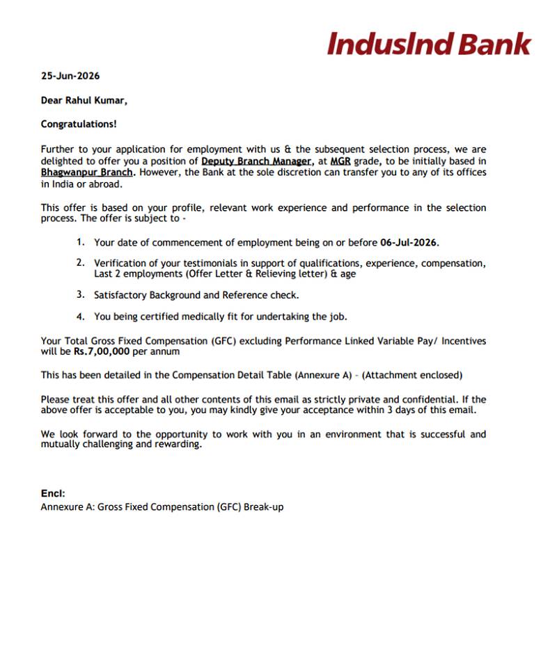CIMAGE Group of Institutions Patna student Rahul Kumar got placement at IndusInd Bank as a Deputy Branch Manager at the Bhagwanpur Branch with a ₹7 LPA package