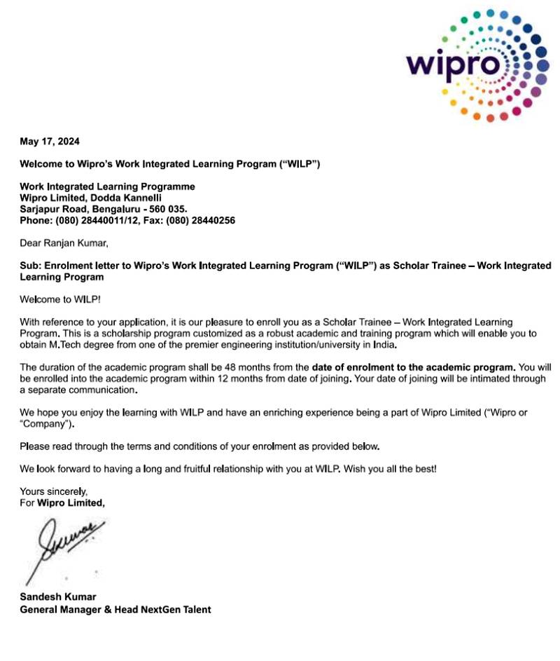 CIMAGE Group of Institutions Patna student Ranjan Kumar got placement at Wipro as a Scholar Trainee in the Work Integrated Learning Program (WILP) with an M.Tech degree
