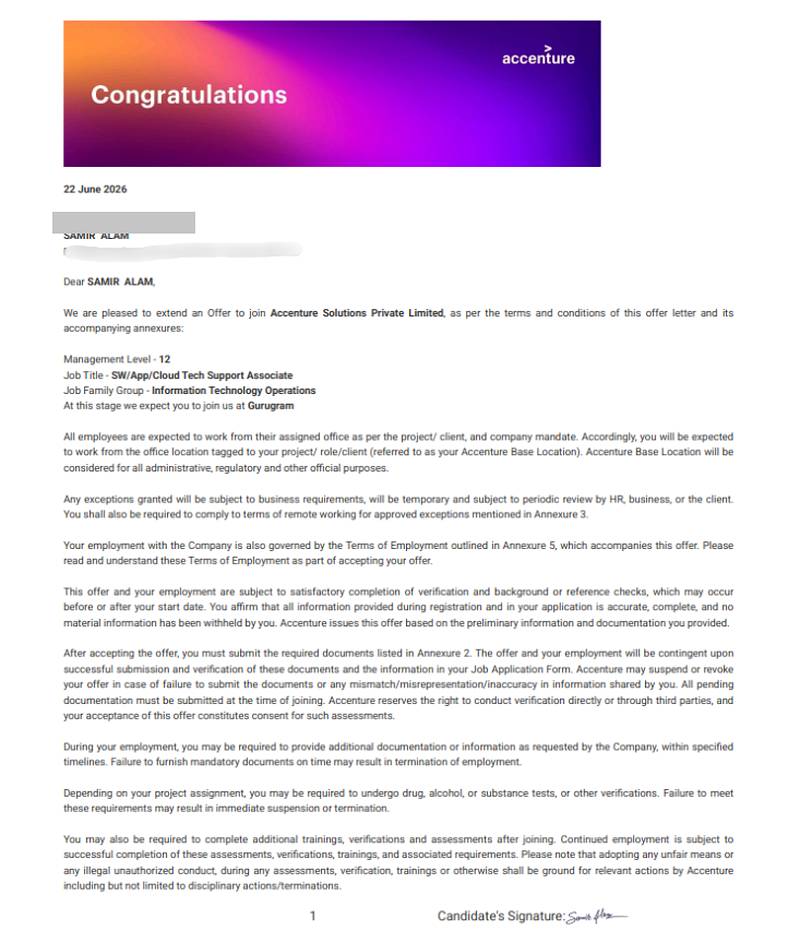 CIMAGE Group of Institutions Patna student Samir Alam got placement at Accenture Solutions Private Limited as a SW/App/Cloud Tech Support Associate in Gurugram