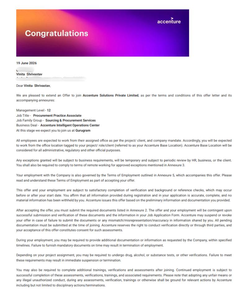 CIMAGE Group of Institutions Patna student Vinita Shrivastav got placement at Accenture Solutions Private Limited as a Procurement Practice Associate in Gurugram