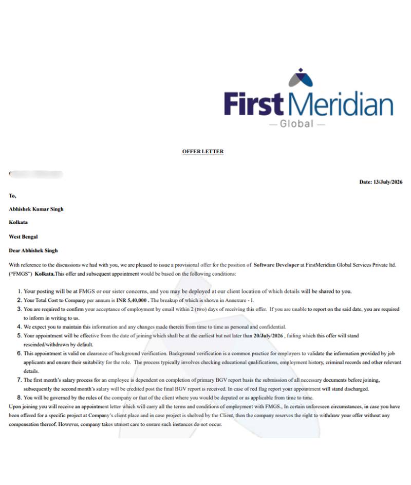 CIMAGE Group of Institutions Patna student Abhishek Kumar Singh got placement at FirstMeridian Global Services as a Software Developer in Kolkata with a ₹5.4 LPA package