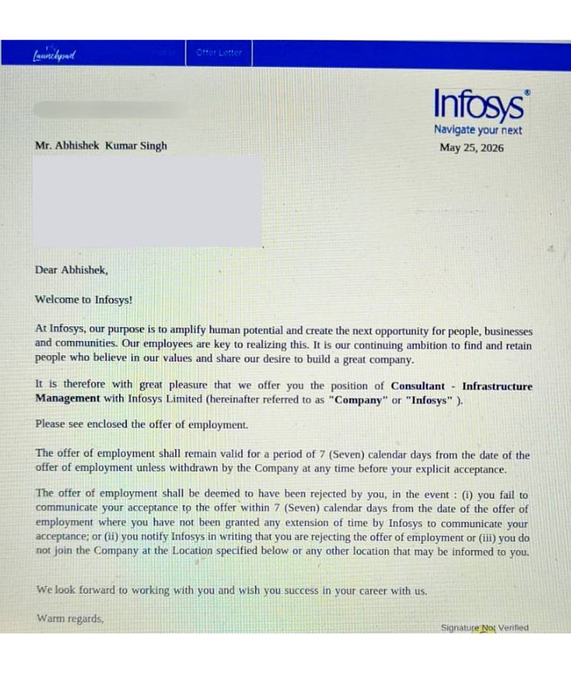 CIMAGE Group of Institutions Patna student Abhishek Kumar Singh got placement at Infosys Limited as a Consultant – Infrastructure Management
