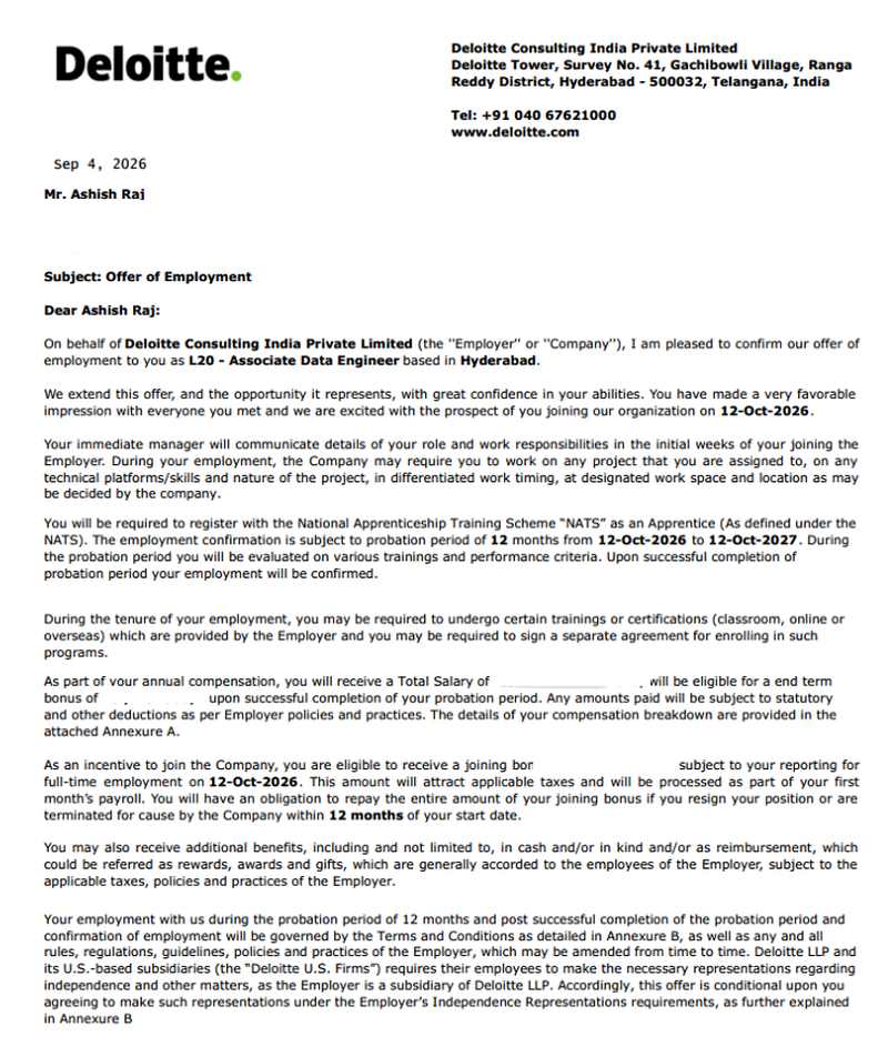 Offer of employment letter from Deloitte Consulting India Private Limited to Ashish Raj of CIMAGE Group of Institutions Patna, appointing him as Associate Data Engineer in Hyderabad