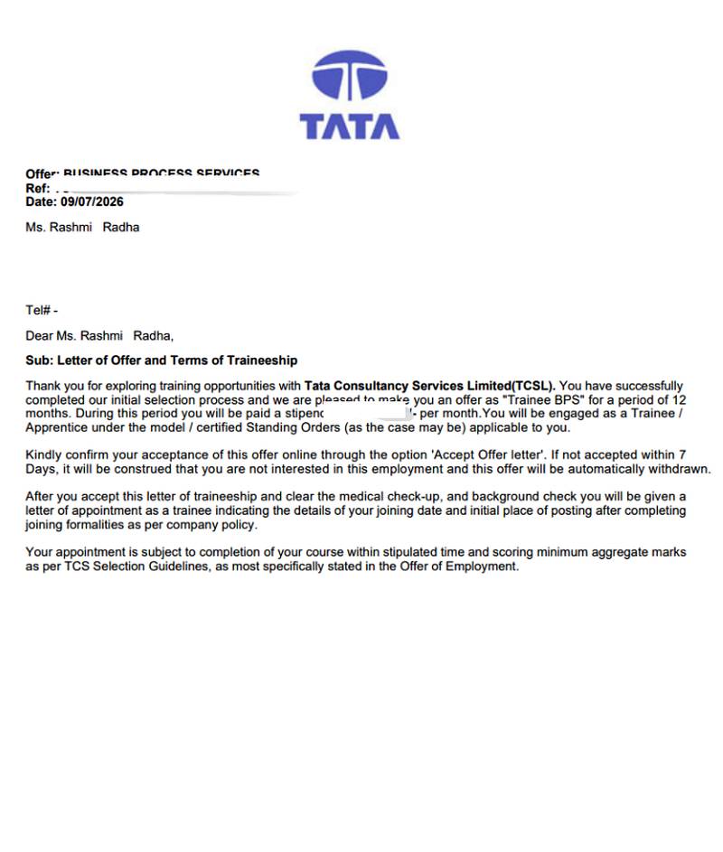 Letter of offer and terms of traineeship from Tata Consultancy Services (TCSL) to Rashmi Radha of CIMAGE Group of Institutions Patna, selecting her as Trainee BPS for the 12-month Business Process Services traineeship, dated 9 July 2026
