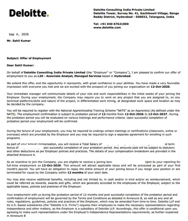 Offer of employment letter from Deloitte Consulting India Private Limited to Sahil Kumar of CIMAGE Group of Institutions Patna, appointing him as Associate Analyst, Managed Services in Hyderabad, dated 4 September 2026