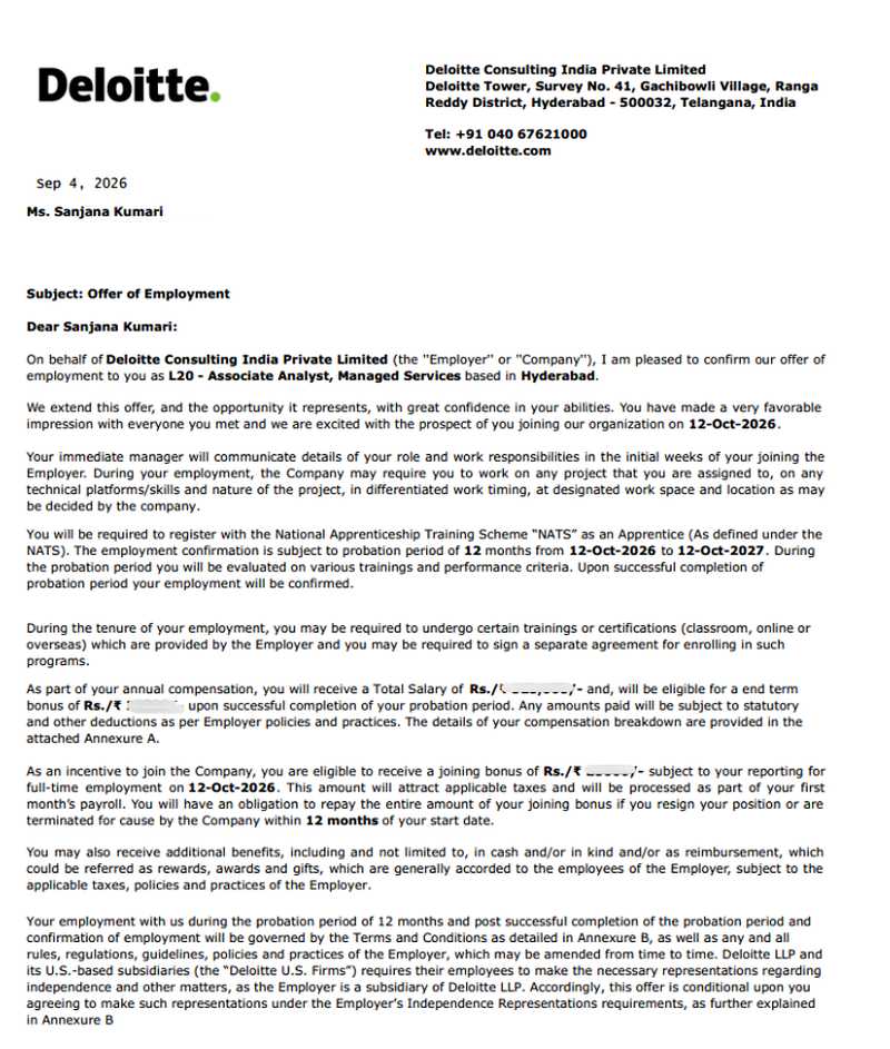 Offer of employment letter from Deloitte Consulting India Private Limited to Sanjana Kumari of CIMAGE Group of Institutions Patna, appointing her as Associate Analyst, Managed Services in Hyderabad