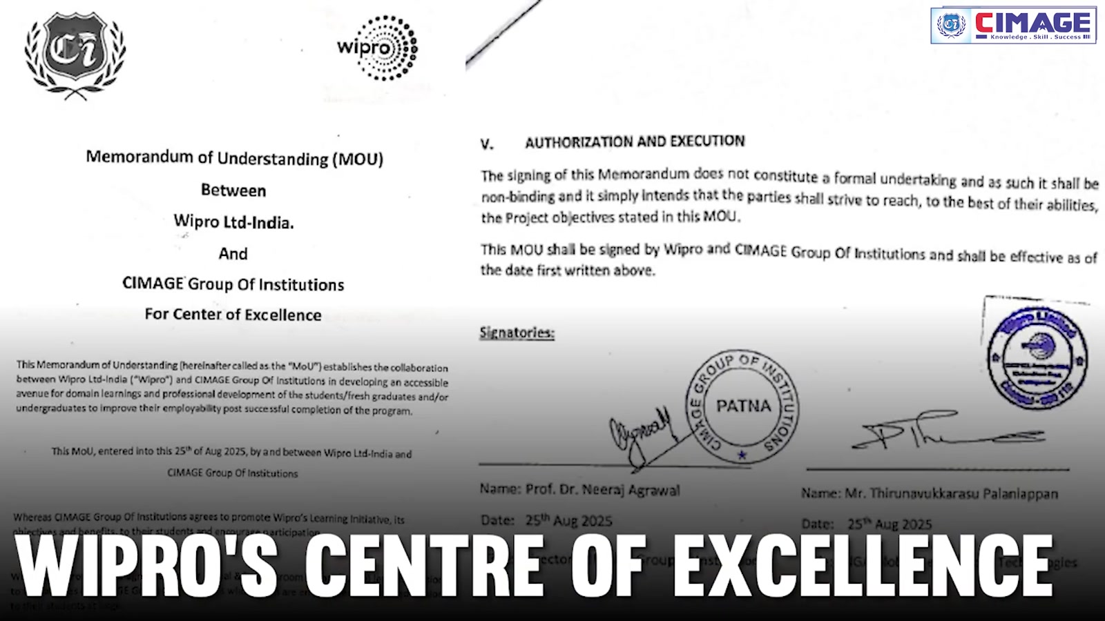 A document highlighting the MoU between Wipro Ltd-India and CIMAGE Group of Institutions.