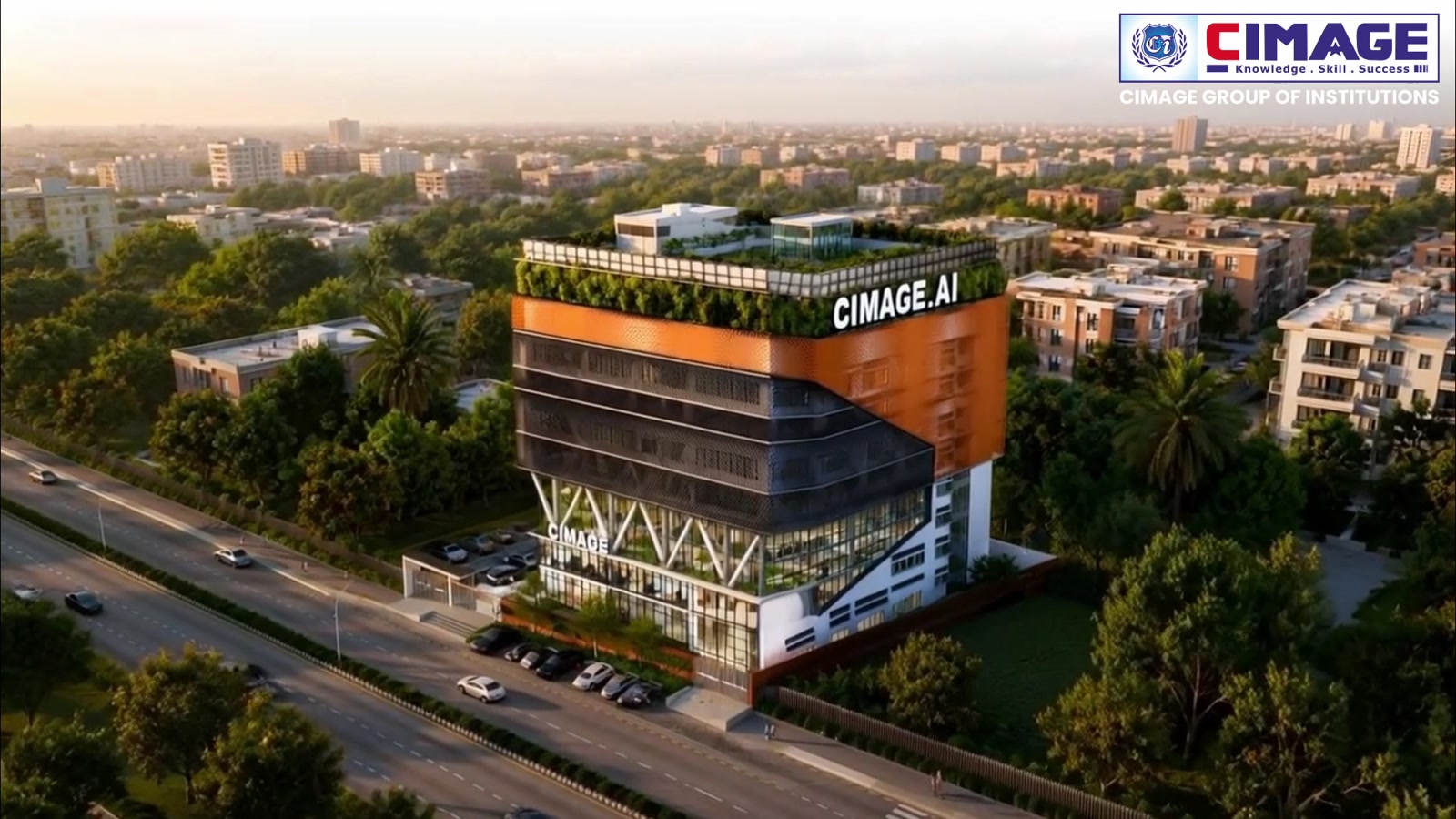Exterior render view of the modern CIMAGE.AI campus building surrounded by greenery.